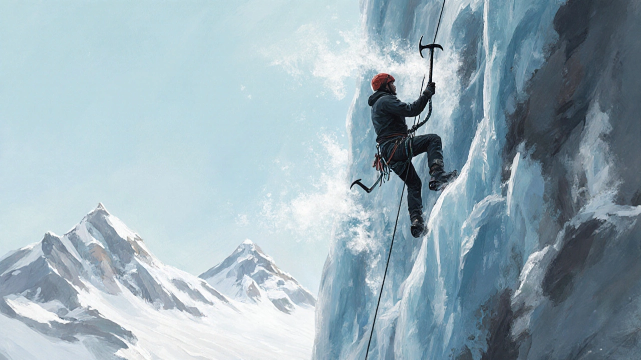 Альпинист лезет по ледяной стене в горах Кавказа.