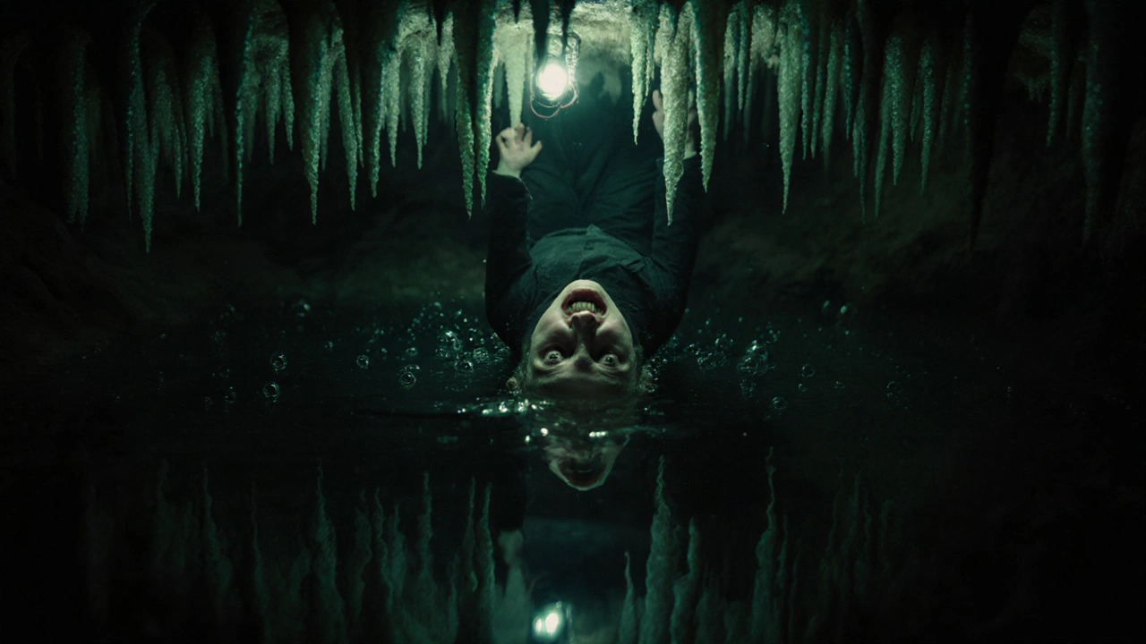 Спелеолог висит в подземной пещере под водой в полной темноте.