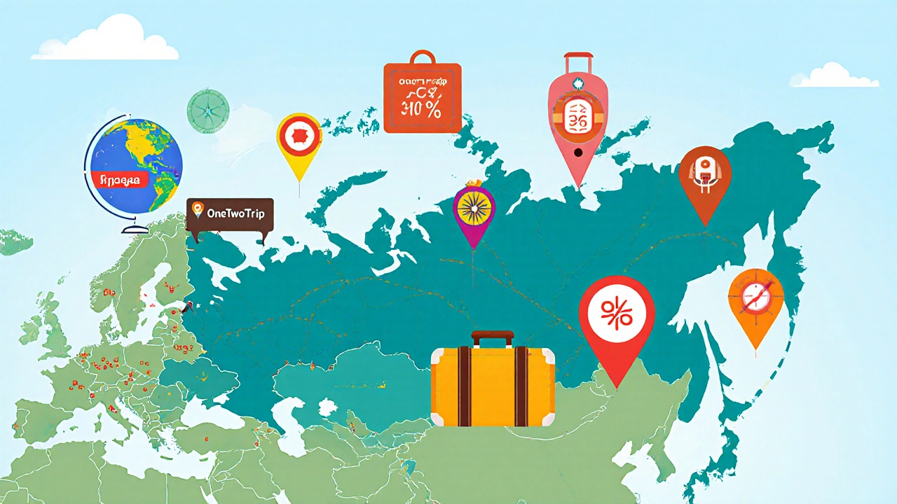 Карта России с отметками популярных направлений и иконками туристических платформ.