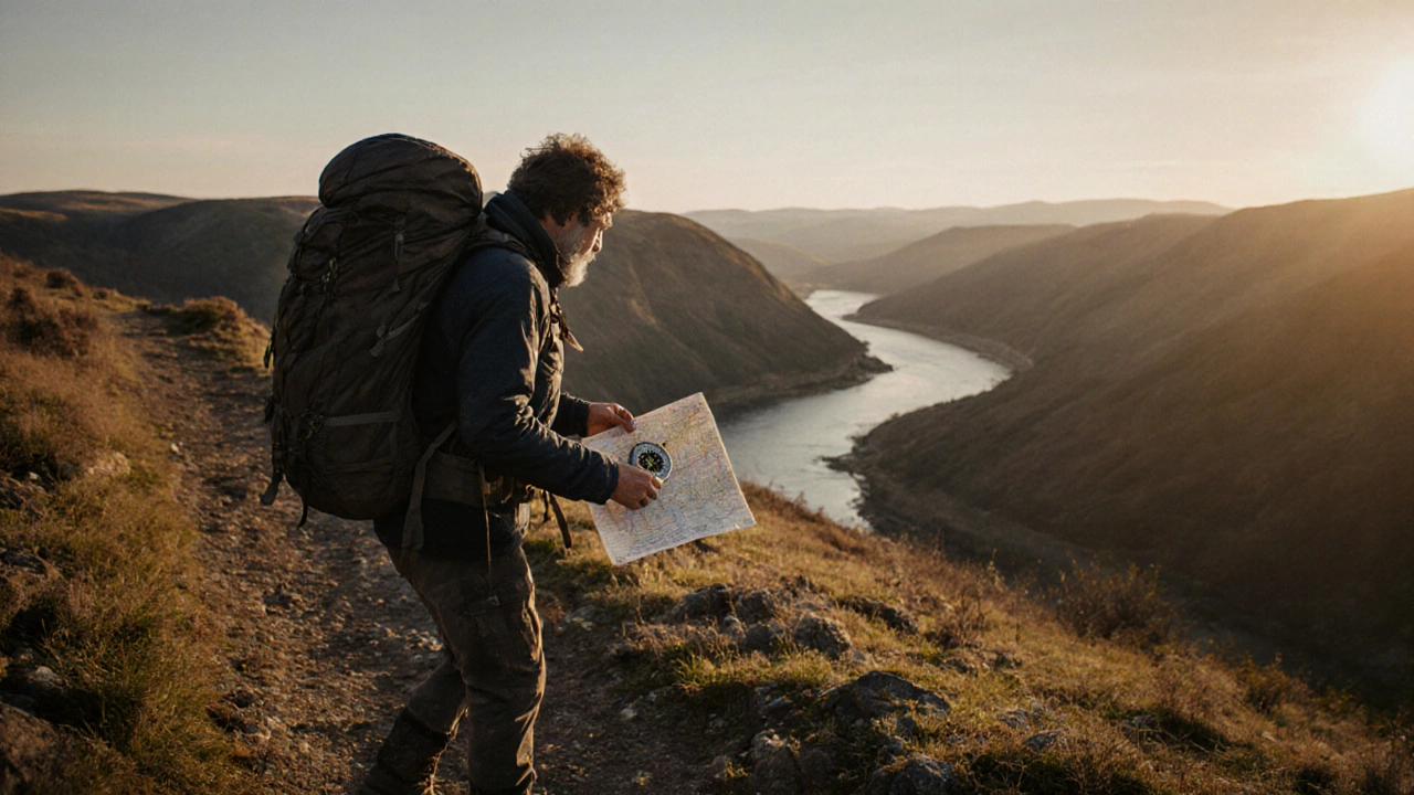 Опытный турист идет по пересеченной местности с компасом и картой.