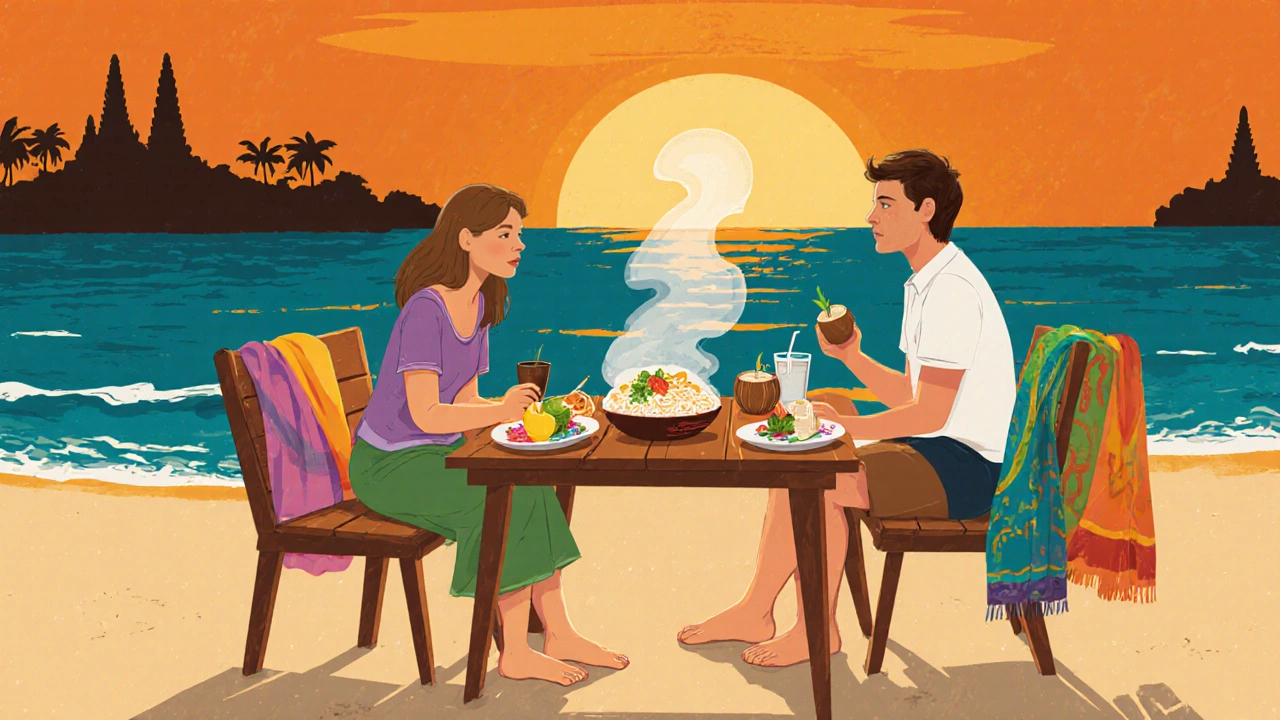 Пара ужинает на пляже в Бали на закате с местной едой и океаном на фоне.