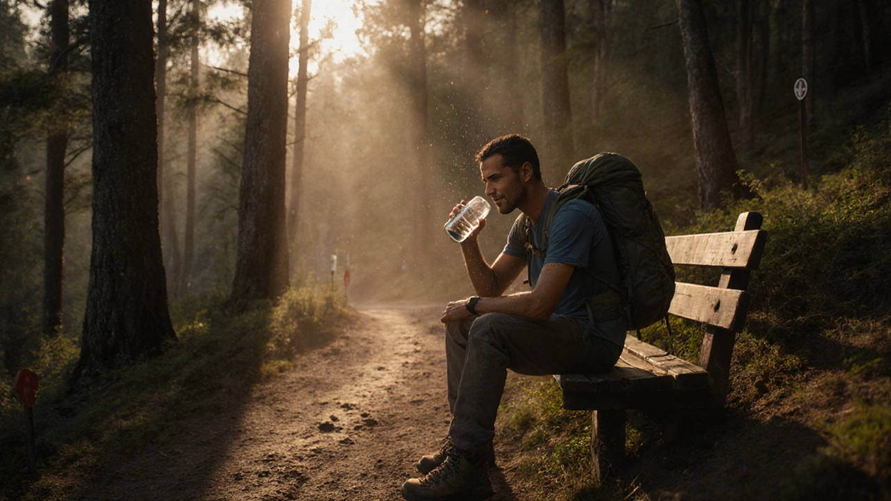 Пеший турист делает перерыв на лесной тропе у озера Кабан.