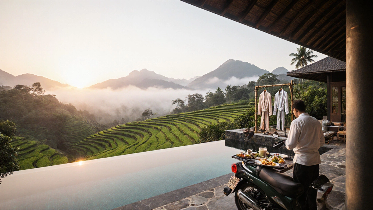 Роскошная вилла на Бали с бассейном, сливающимся с рисовыми полями, на рассвете.