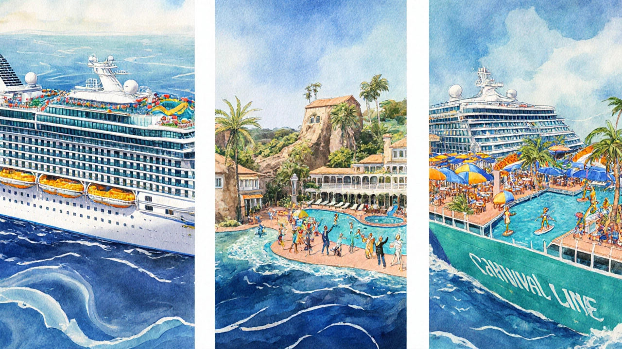 Три разных круизных лайнера: яркий Royal Caribbean, элегантный MSC, веселый Carnival.