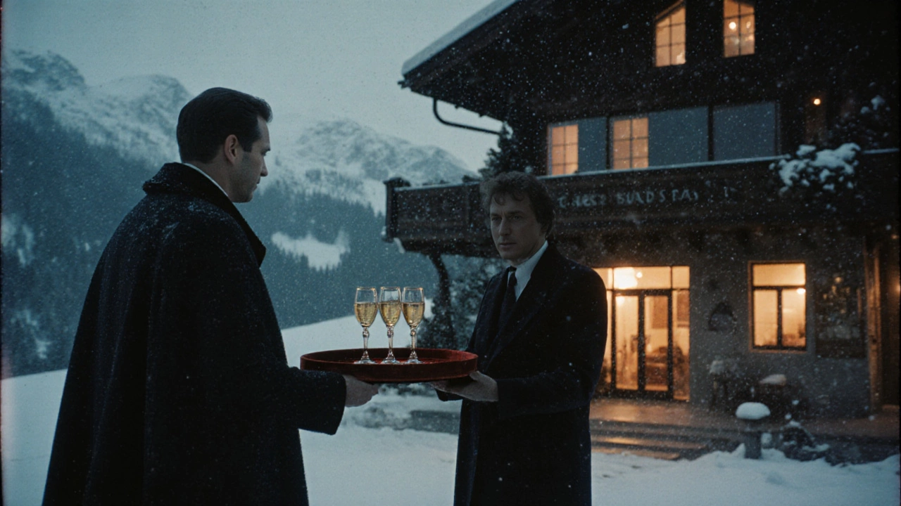 Частный вертолёт приземляется на снежной вертолётной площадке у тёплого швейцарского шале в сумерках.