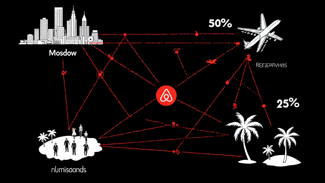 Черная сеть связей от Москвы до тропиков, обозначающая доли прибыли в туризме.