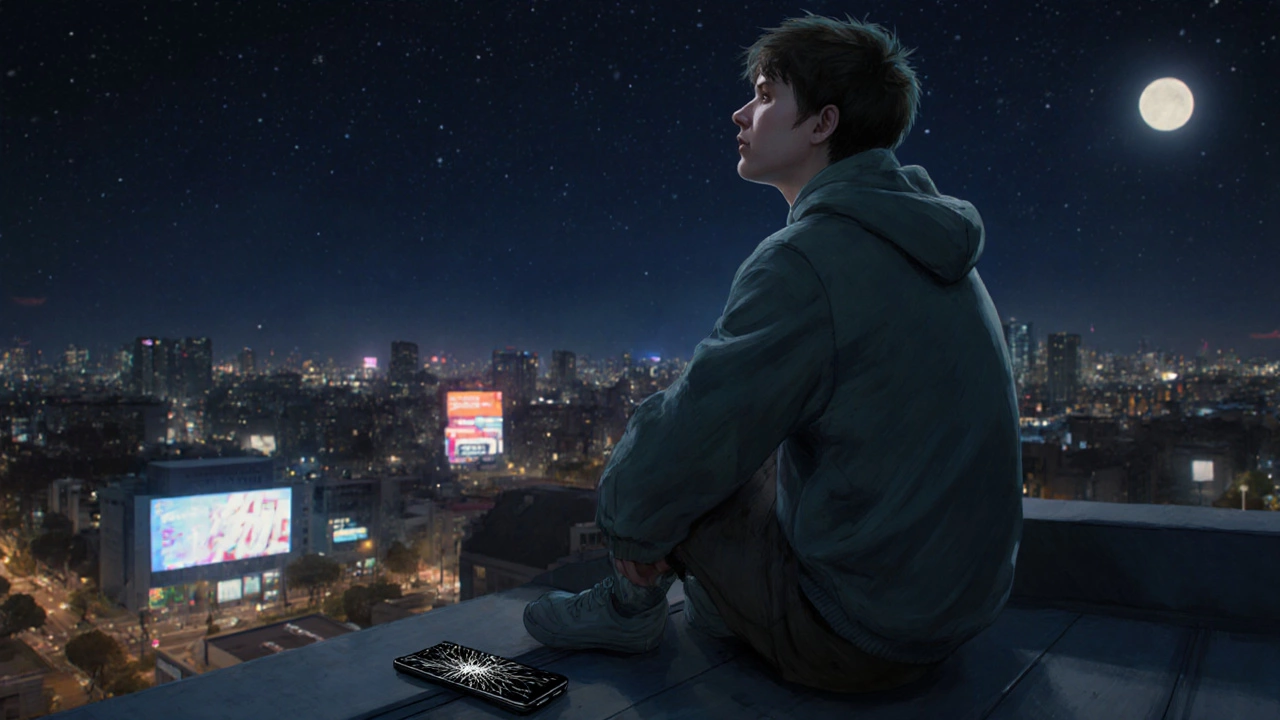 Молодой человек сидит на крыше ночью, смотрит на звезды, телефон лежит рядом, город светится внизу.