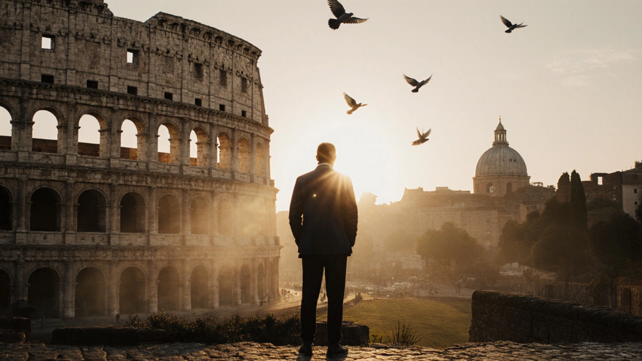 Одинокий путешественник у Колизея на рассвете в Риме