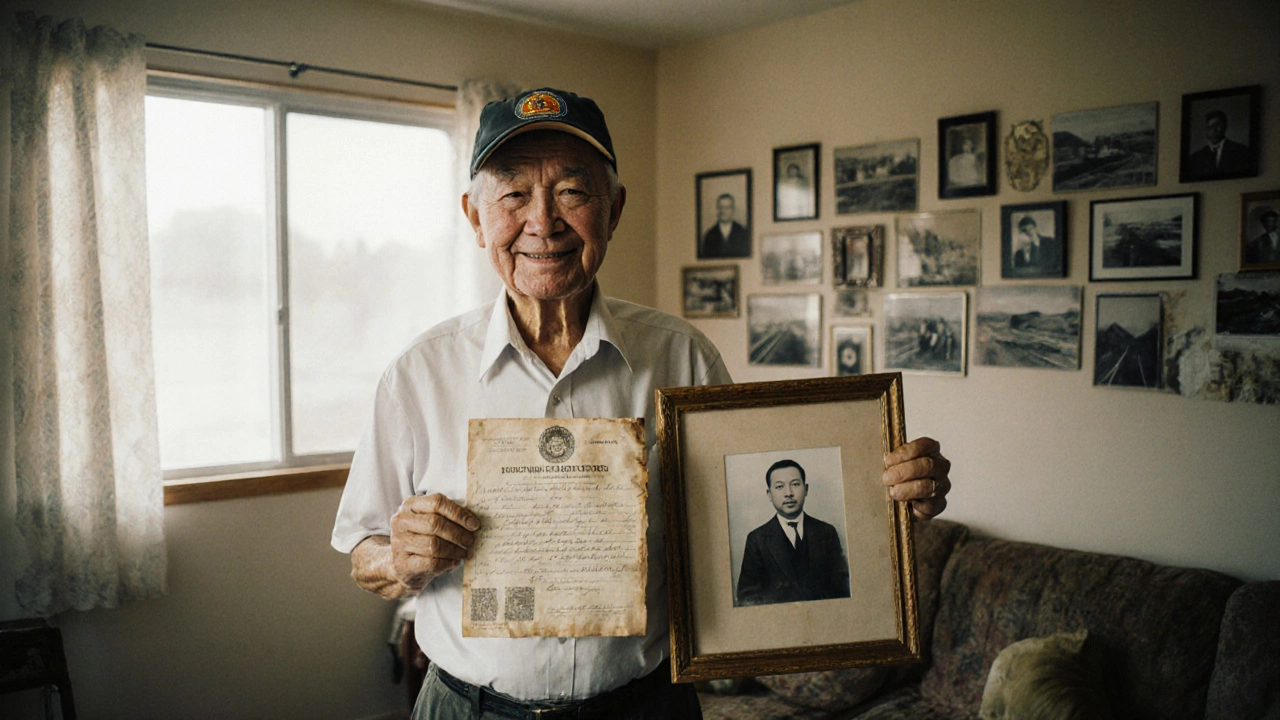 Пожилой китайский американец стоит рядом с фотографией предка, строившего железную дорогу, в домашней обстановке.