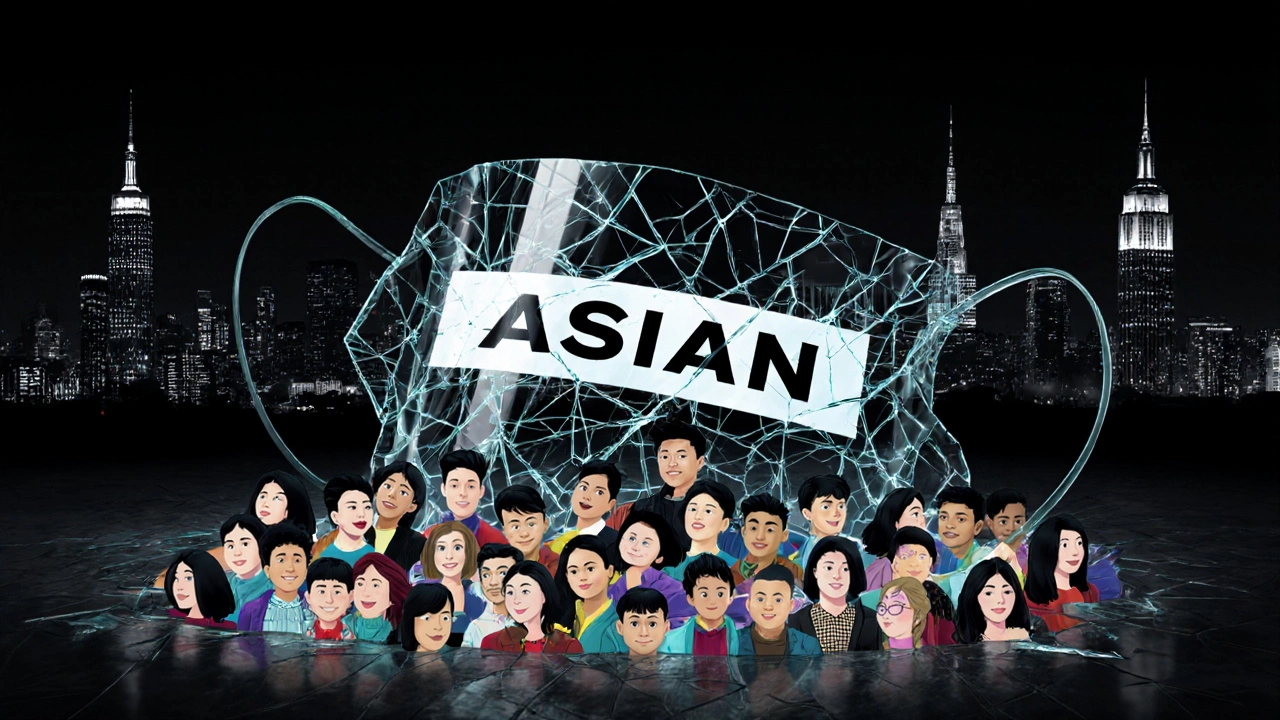 Разбитая маска с надписью &#039;ASIAN&#039;, раскрывающая множество уникальных лиц азиатских этнических групп.