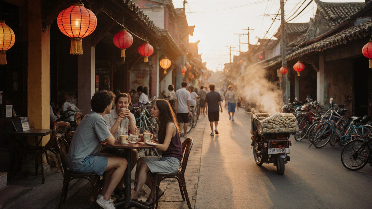 Россияне пьют кофе на улице в Хойане, вокруг — традиционные фонари и деревянные дома, золотой час.