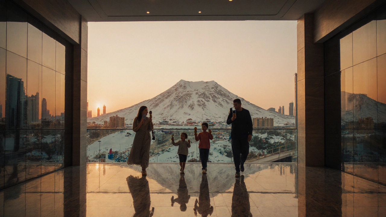 Российские туристы гуляют по Дубаю на закате, виден небоскрёб и горнолыжный курорт в торговом центре.