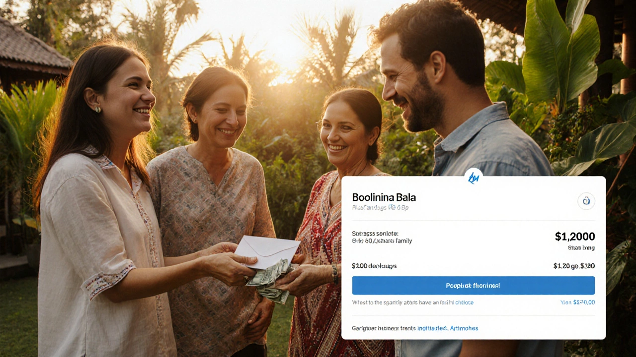 Семья на Бали передает туристу конверт с деньгами, на заднем плане — экран бронирования.