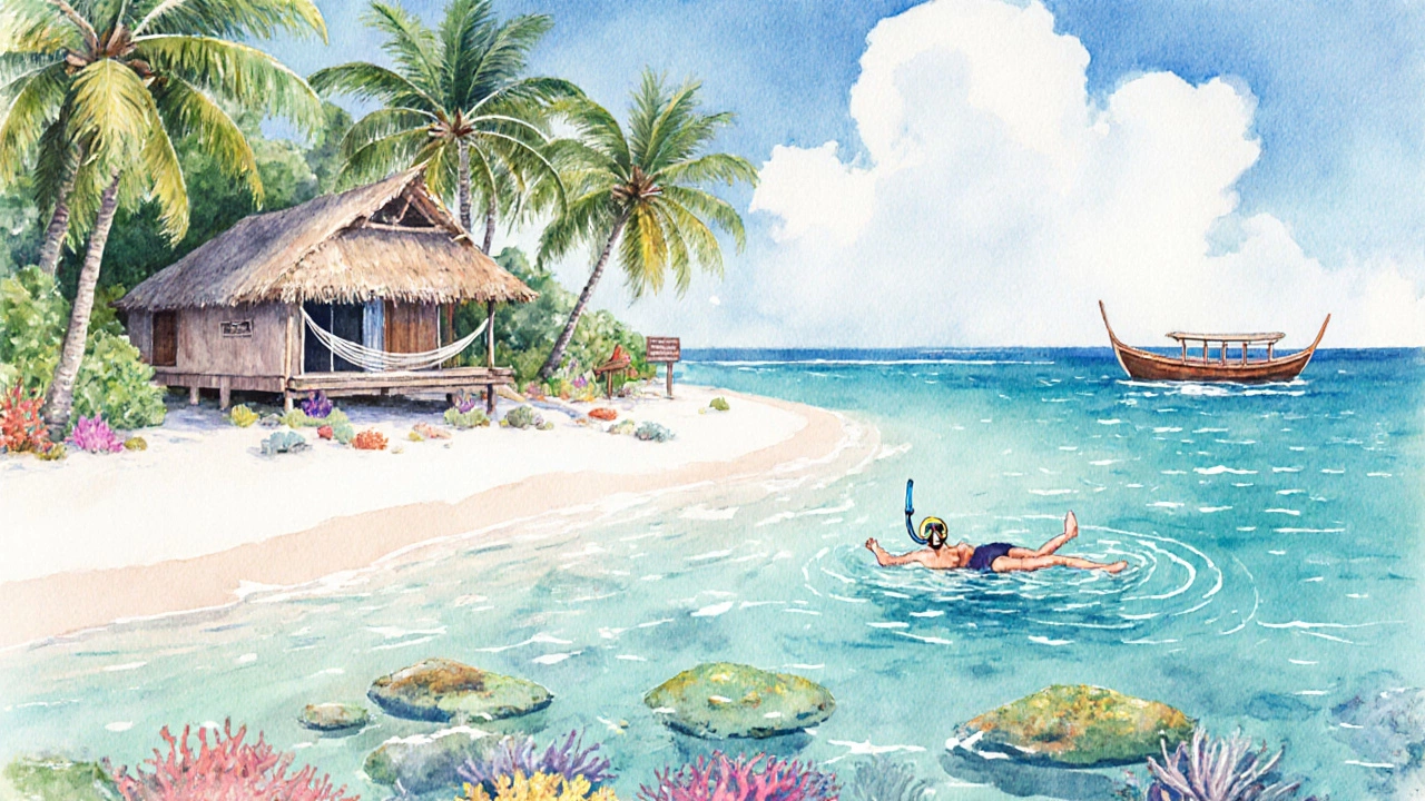 Скрытый остров в Индонезии с кристально чистой водой, бамбуковое бунгало и один человек на сноркелинге.