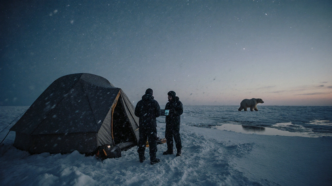 Учёные наблюдают за вечной мерзлотой в арктической тундре, на заднем плане — белый медведь.