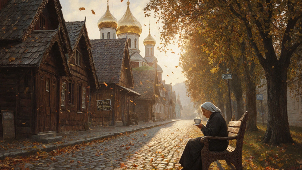 Улица Суздаля в золотой осенний день: деревянные дома, церкви с золотыми куполами, старушка пьёт чай на лавочке.