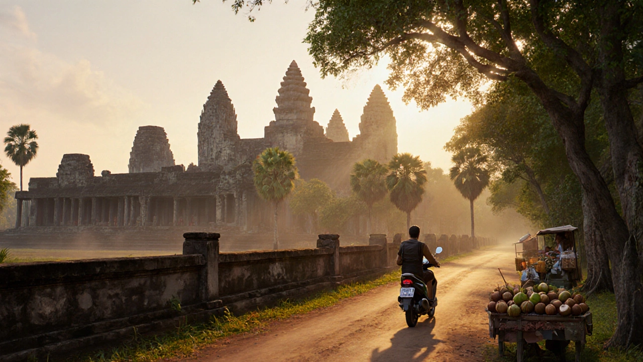 Утренний Ангкор-Ват в Камбодже: путешественник на мопеде среди древних храмов в тумане, джунгли вокруг.