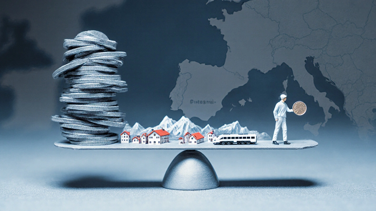 Весы с кучей франков против одного путешественника, символизирующие безумную стоимость жизни в Швейцарии.