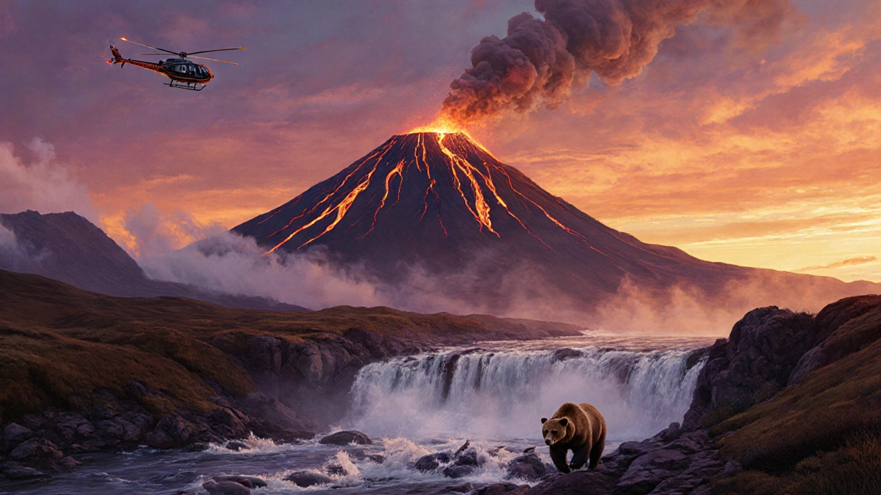 Вулкан Ключевская Сопка на Камчатке с лавой, стекающей по склону, медведи у реки, вертолёт в небе.