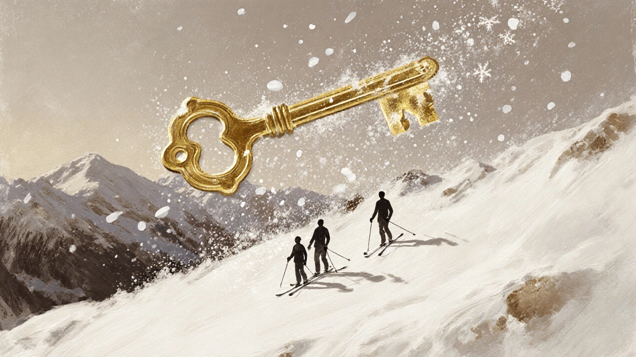 Золотой ключ растворяется в снежных хлопьях над горной грядой, символизируя эксклюзивность и уединение.