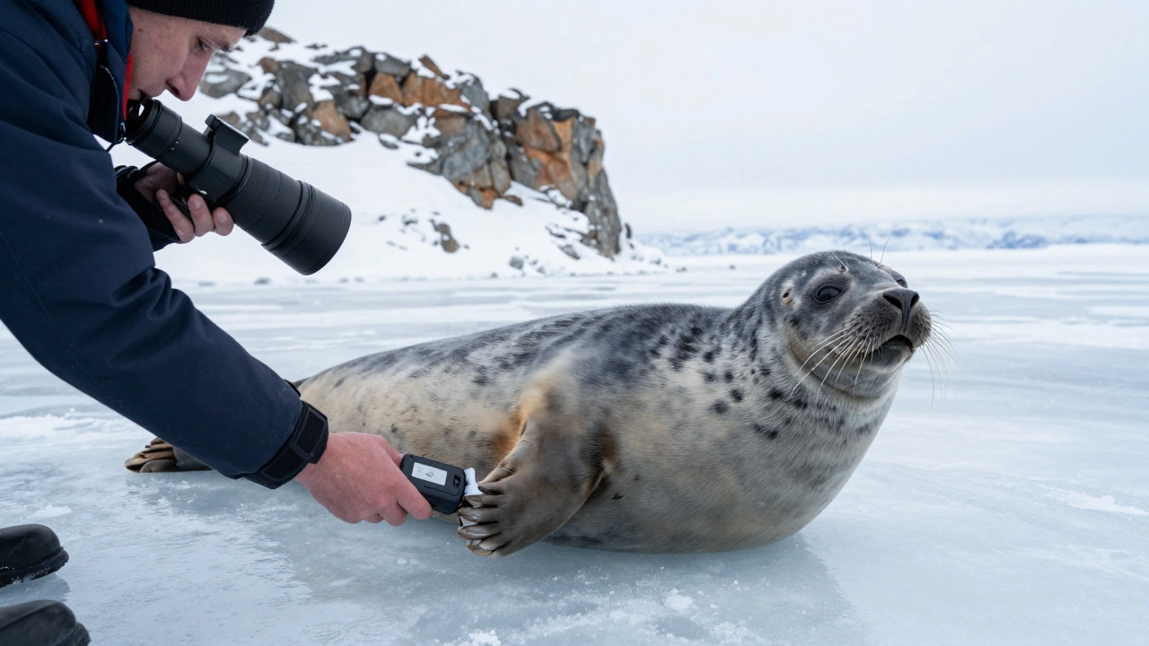 Биолог устанавливает метку на нерпе на льду Байкала, турист наблюдает с расстояния.