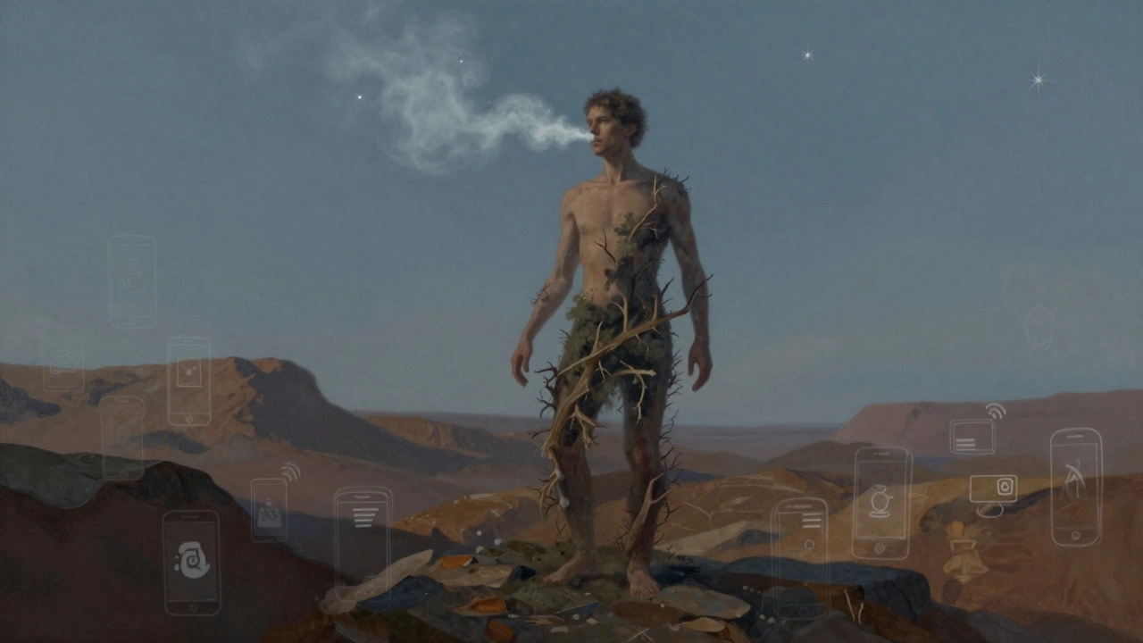 Человек растворяется в природе, цифровые иконки исчезают в тени, звёзды над головой.