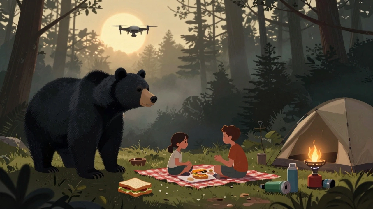 Медведь подходит к пикнику, рядом дрон и газовая горелка, тёмный лес.
