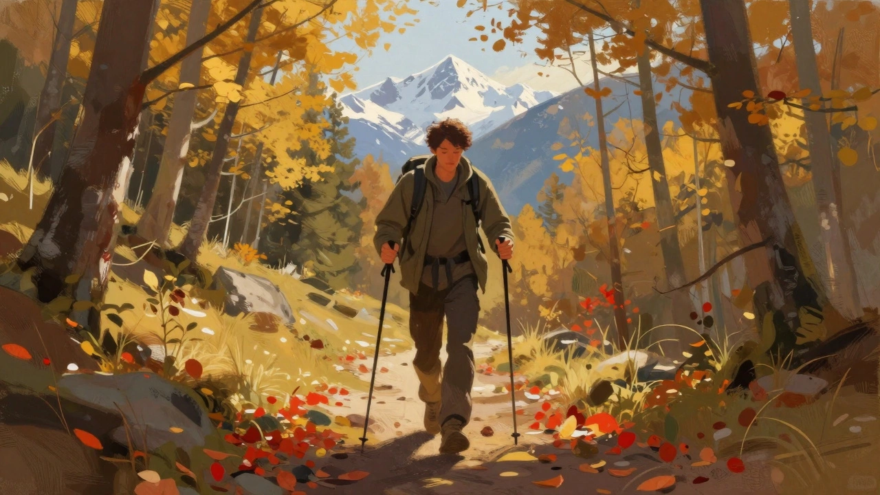 Пешеход идёт по осенней горной тропе, листья под ногами, палки в руках, нет гаджетов.