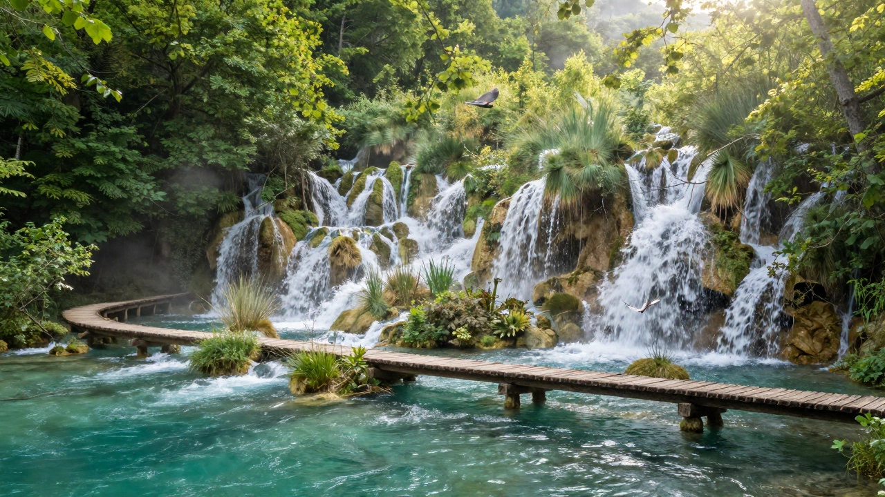 Плитвицкие озёра в Хорватии: деревянные мостики над каскадами изумрудной воды в лесу.