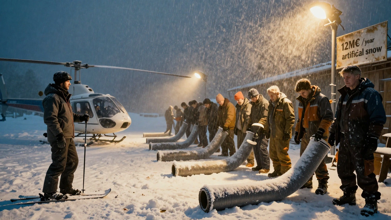 Разделенная сцена: роскошный частный ски-гид слева, работники с трубами для искусственного снега справа.