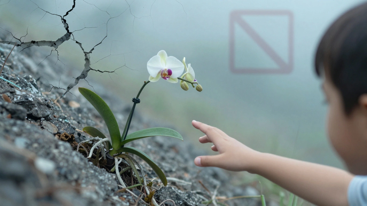Ребёнок тянется к редкой орхидее, фон — треснувшая земля и запрещающий символ.