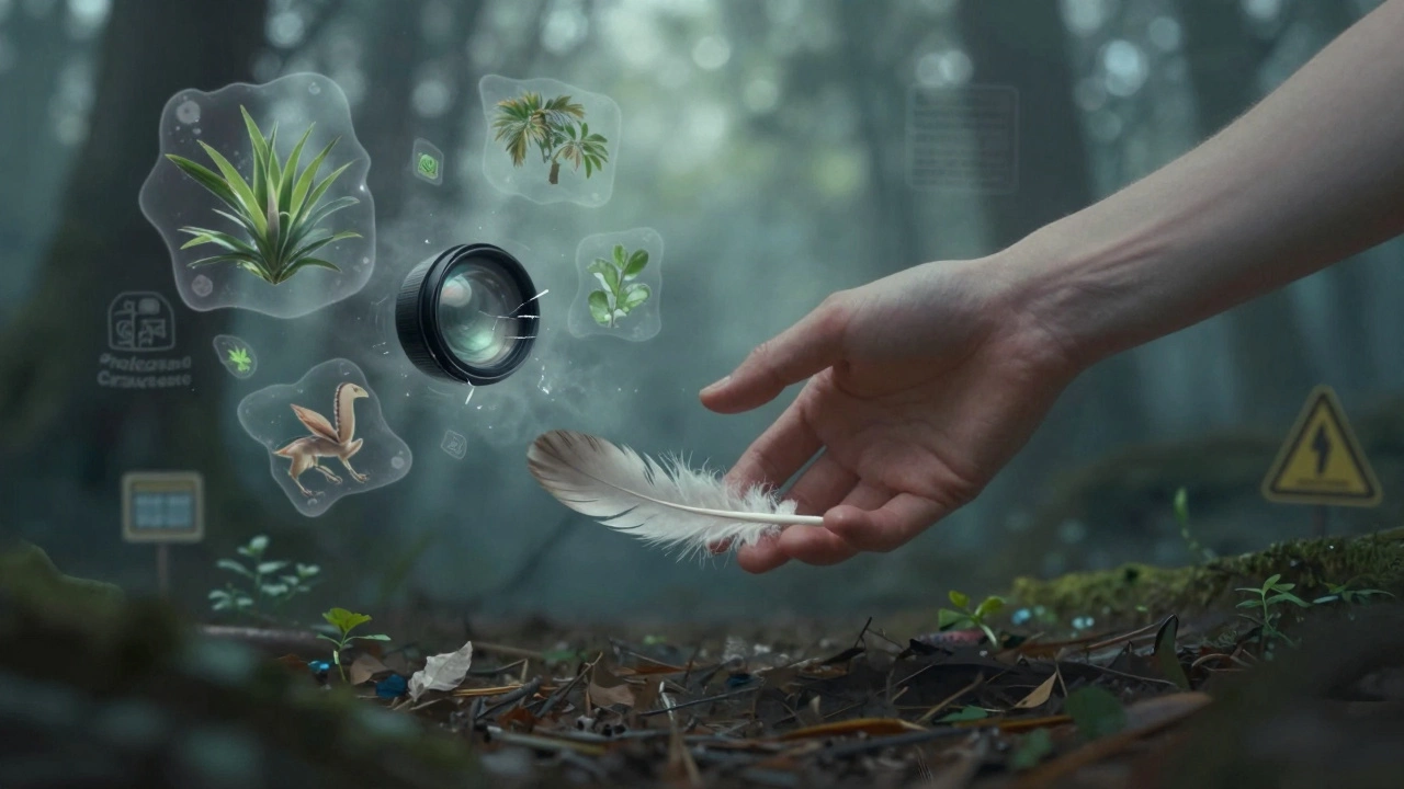 Рука возвращает перо на землю, вокруг растворяются изображения редких растений и животных.