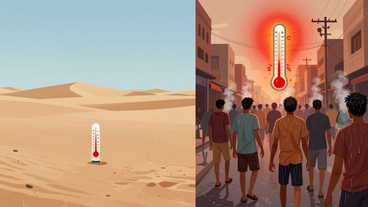 Сравнение сухой жары Сахары и влажной жары Южной Азии: пустыня слева, переполненный город справа.