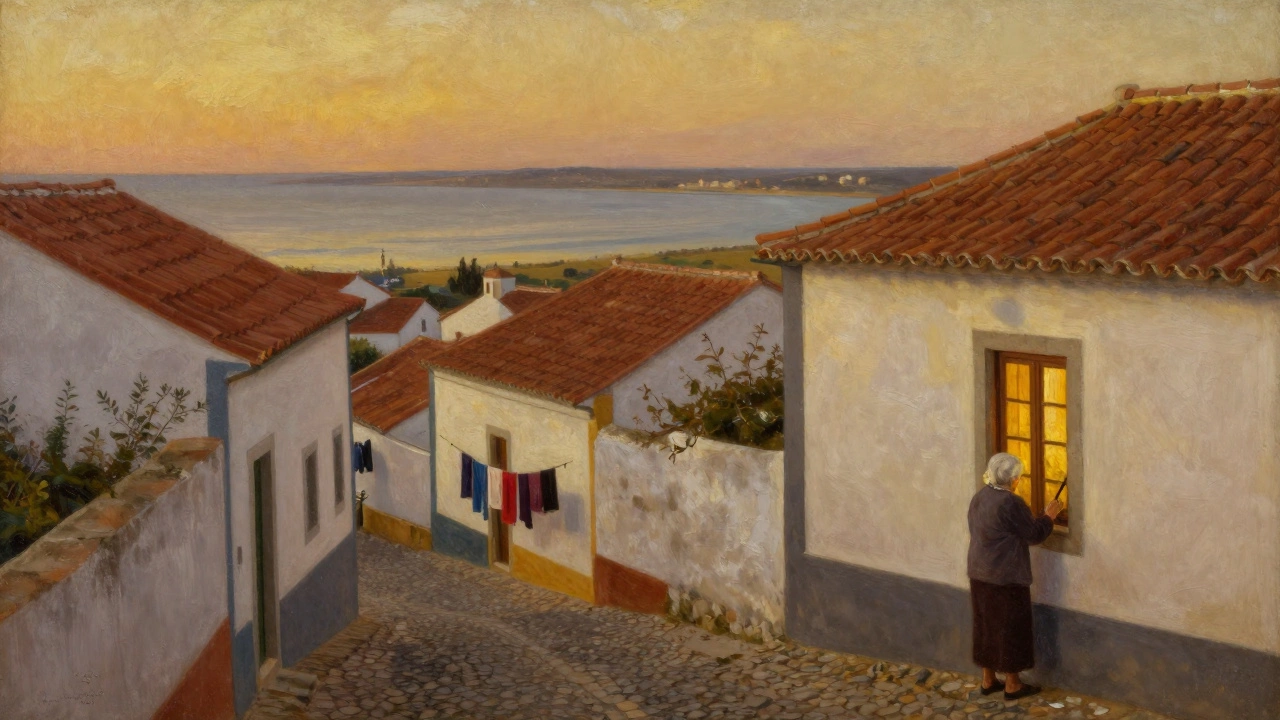 Тихая португальская деревня на закате: терракотовые крыши, узкая улочка, женщина закрывает ставни.