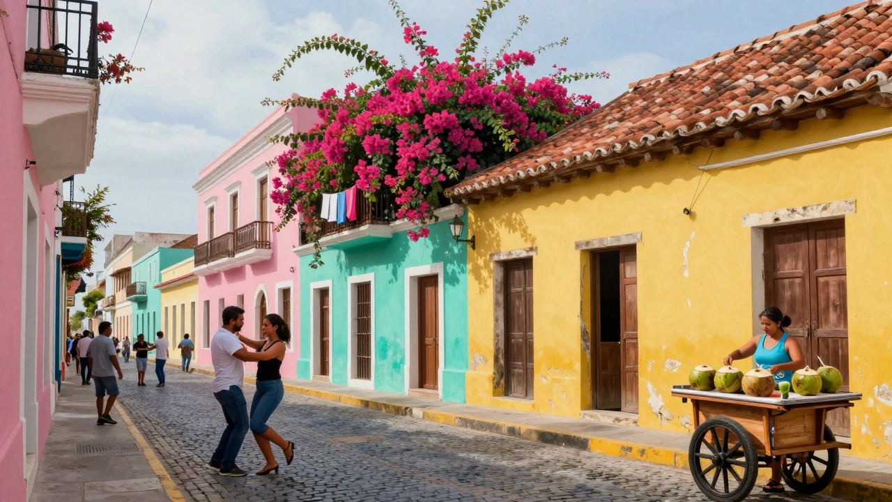 Улица Сан-Хуан с яркими колониальными зданиями и танцующими местными жителями.