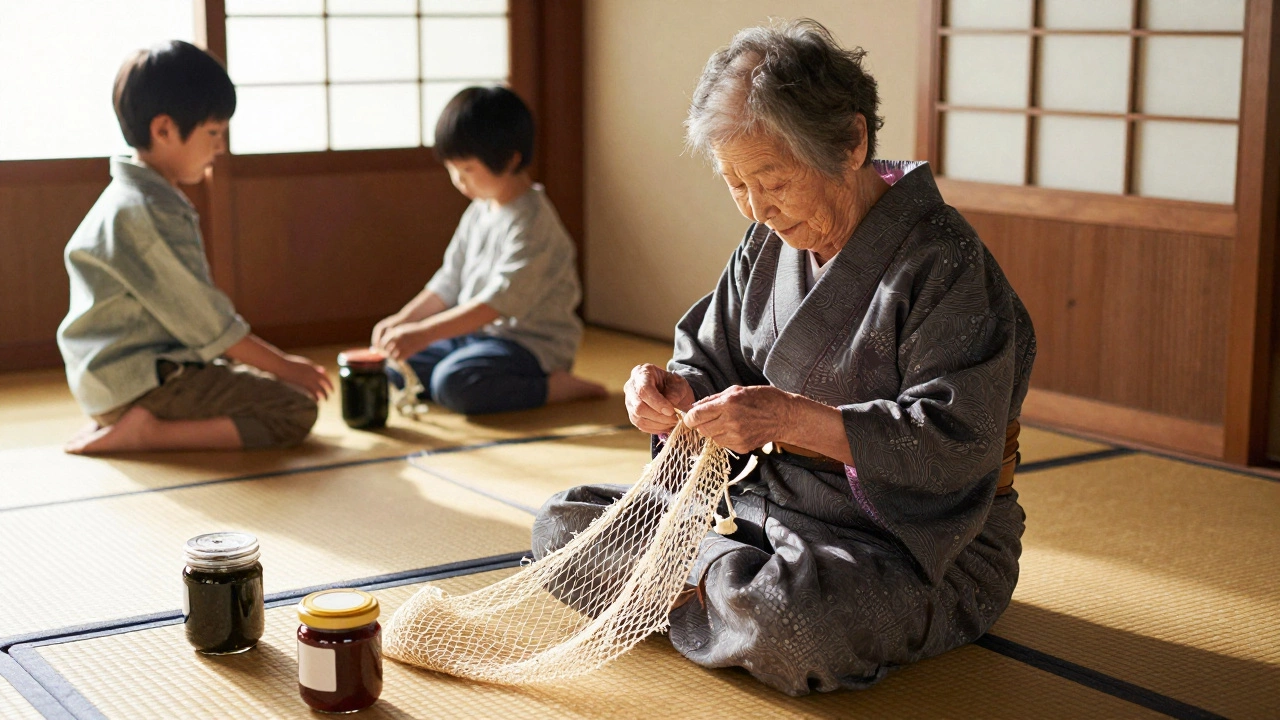 90-летняя женщина плетет рыболовные сети, а внуки играют рядом с ней.