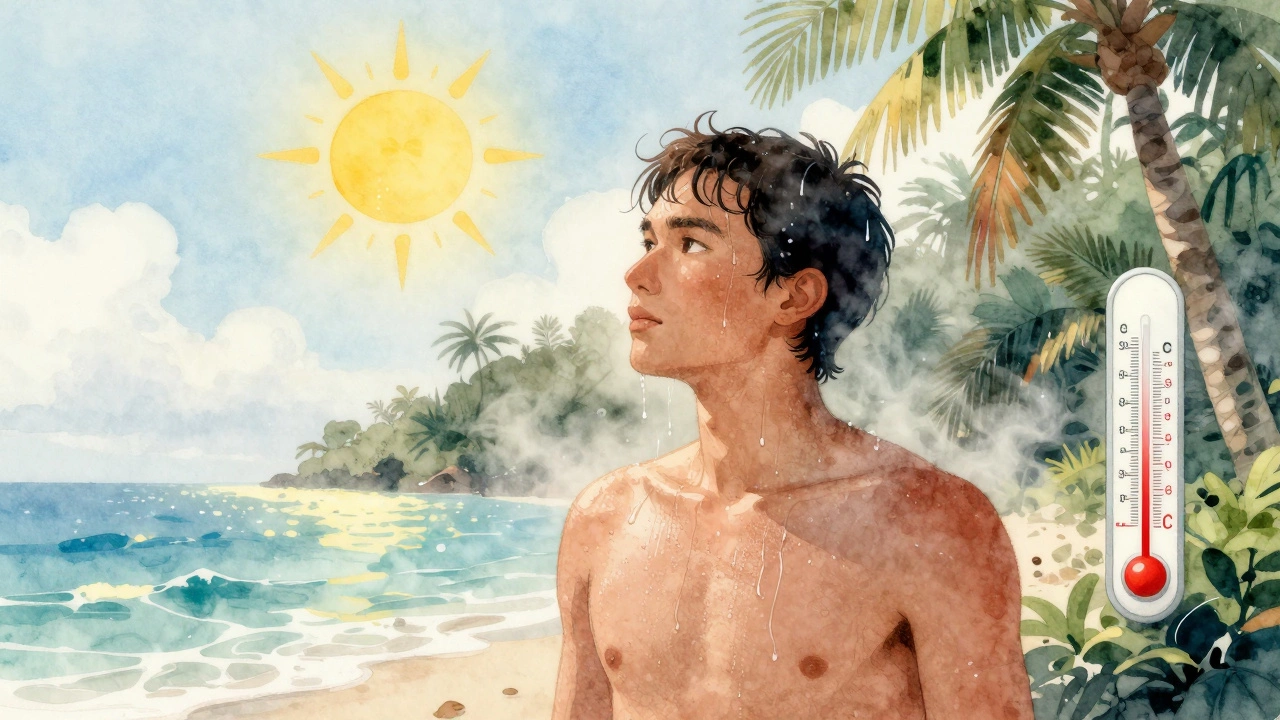 Человек в тропиках потеет под жарким солнцем, влажный воздух искажает пространство вокруг.