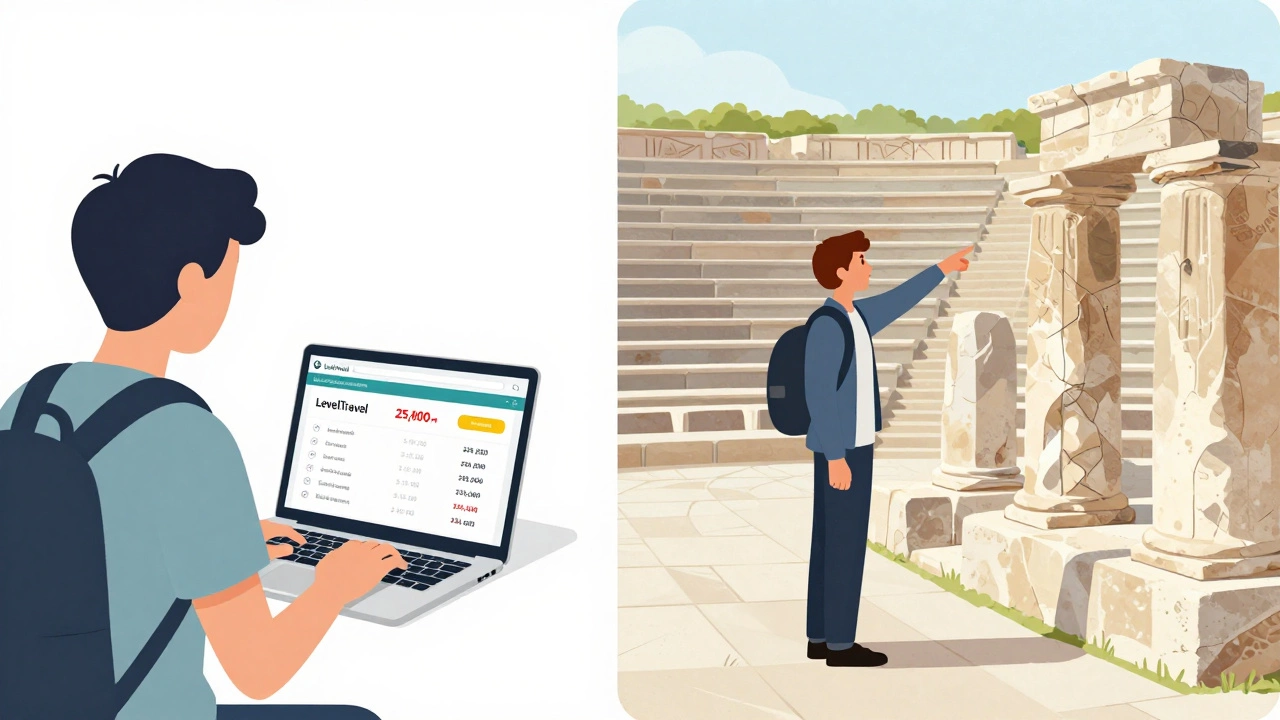 Два путешественника: один за компьютером с дешёвыми турами, другой с местным гидом у древних руин.