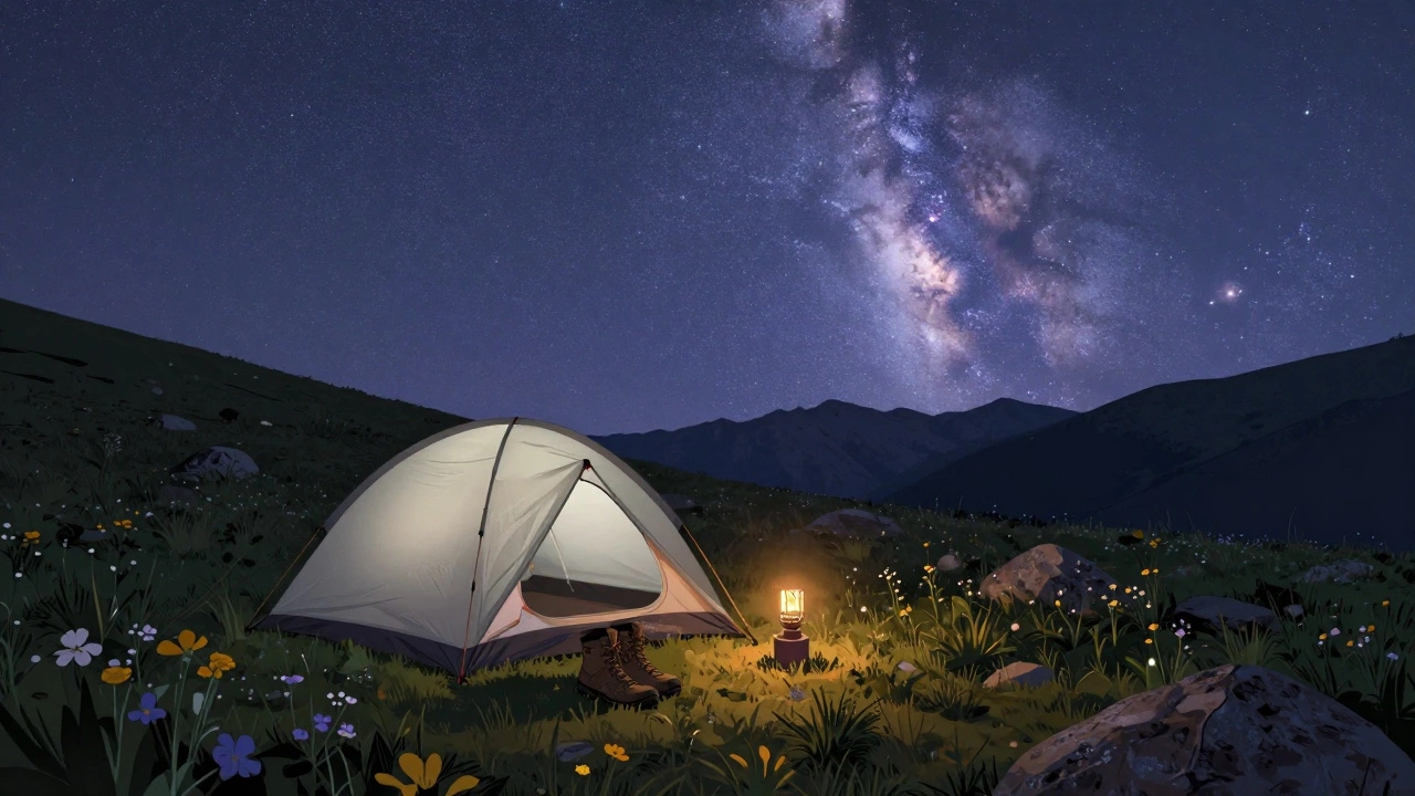 Двухместная палатка на альпийском лугу при закате, над ней — Млечный Путь.