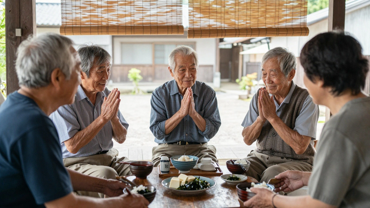 Группа пожилых окинавцев вместе ест простую пищу, сидя на скамейке в деревне.