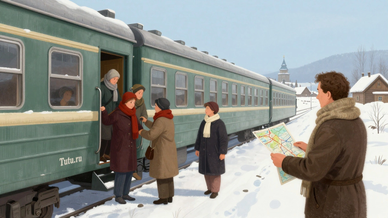 Группа туристов садится на старый поезд с табличкой Tutu.ru, за окном — снежные деревни и церкви.