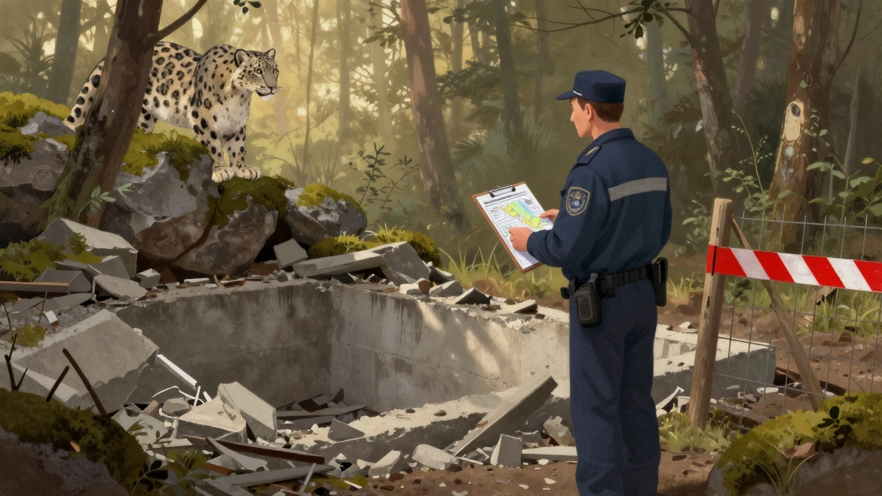 Инспектор природы у разрушенного фундамента, рядом с снежным барсом.