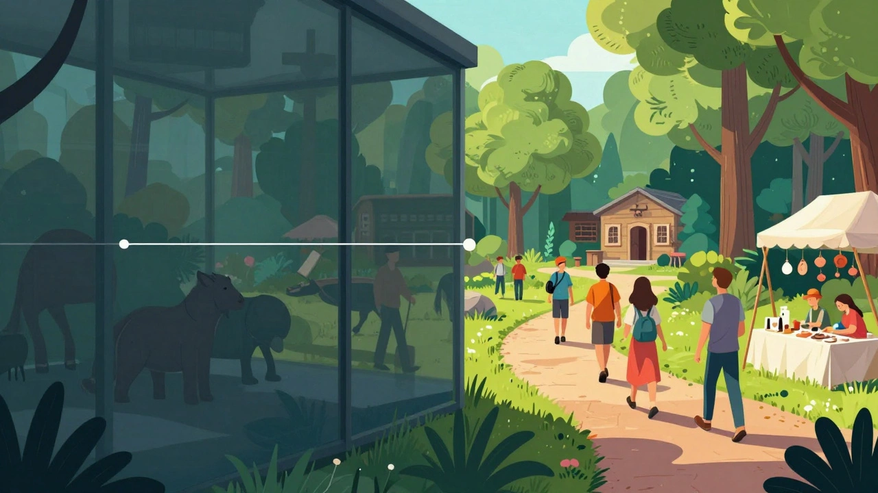 Контраст: слева — заповедник без людей, справа — национальный парк с туристами и ремёслами, между ними — лента с названием ведомства.