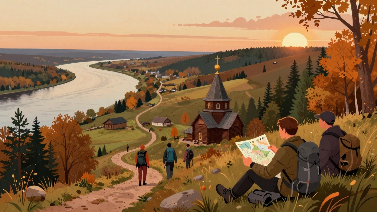 Маршрут пешего туризма от Казани до Свияжска вдоль Волги с церквями и отдыхающими туристами.