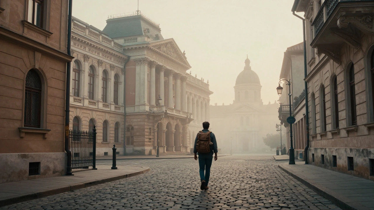 Одинокий путешественник идёт по узким улочкам Бухареста на рассвете, рядом — величественный дворец.