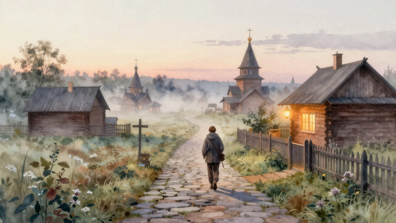 Паломник идет по древней каменной дороге у рассвета, вдалеке — церкви и мгла.