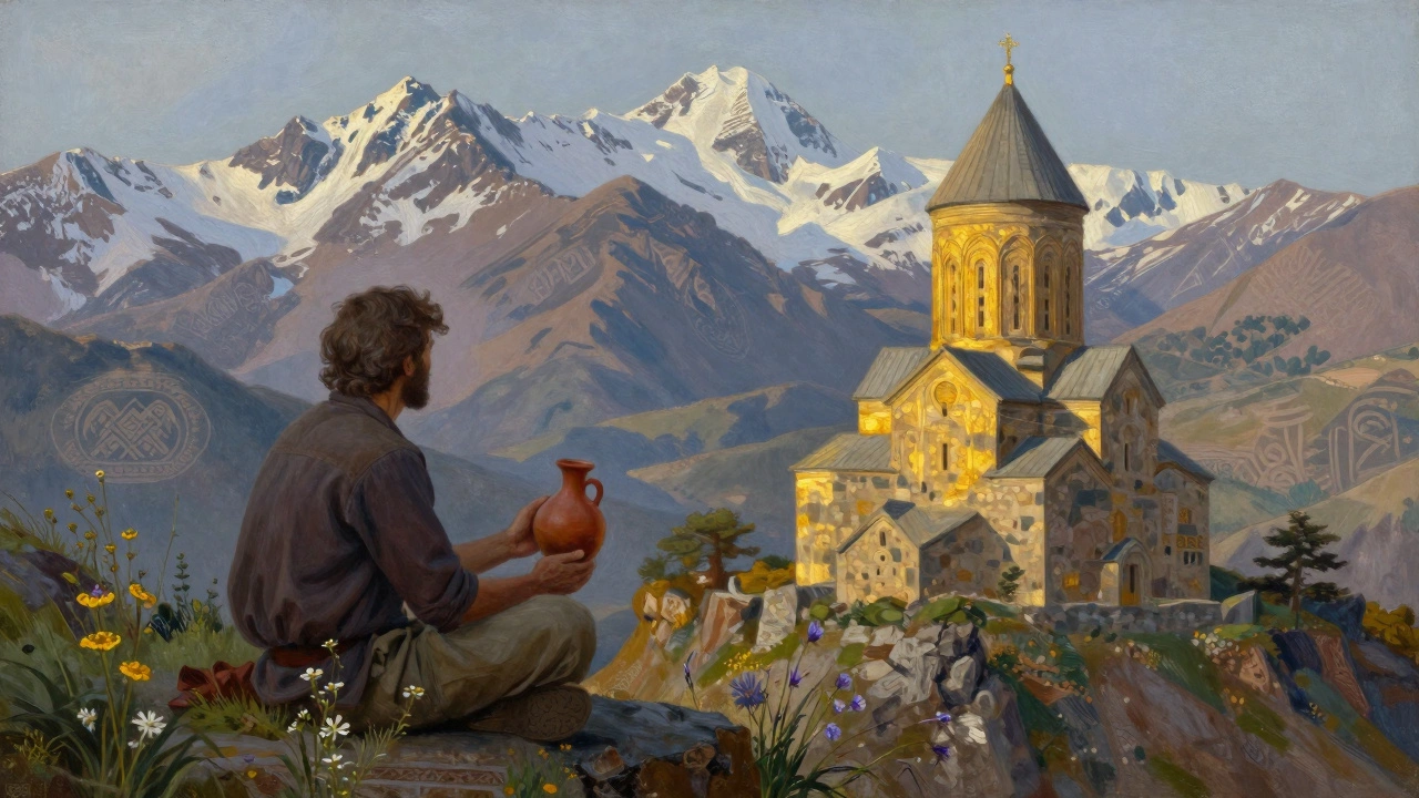 Путешественник с кувшином вина у монастыря Шатили в Грузии, горы на фоне.