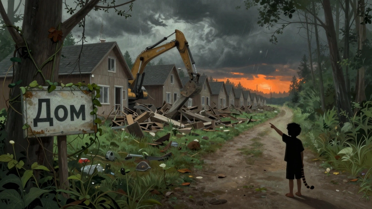 Ребёнок указывает на тигра, а за спиной — снос незаконных домов.