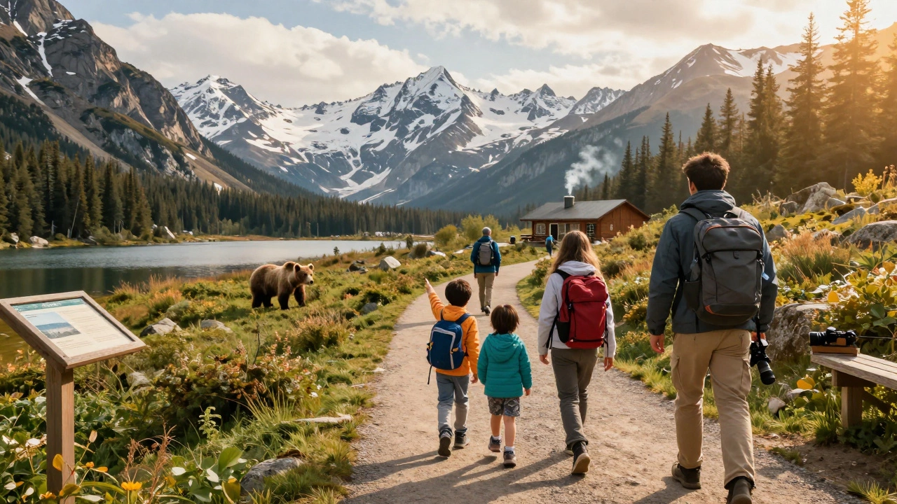 Семья гуляет по тропе в национальном парке, видят медведя, на фоне — смотровая площадка и гостевой дом.