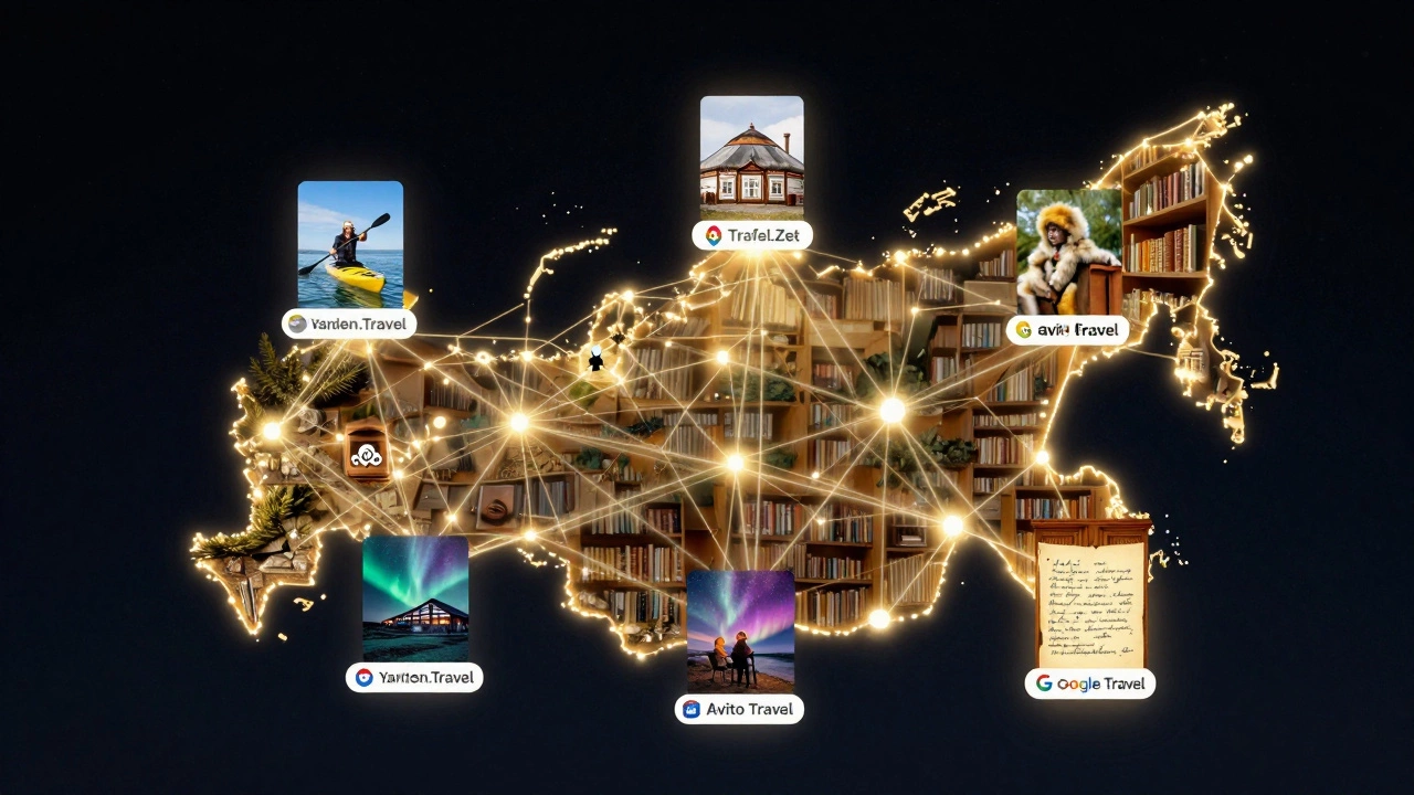 Сеть приложений для туров по России, соединённых светящимися нитями, показывающими уникальные маршруты на карте страны.